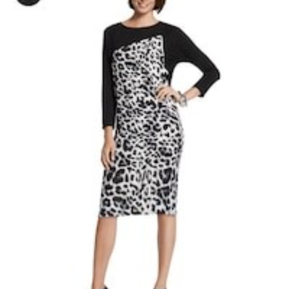 Chicos SZ 2 Black Label Animal Wedge Print Asymmetrical Mid-Length Jersey Dress